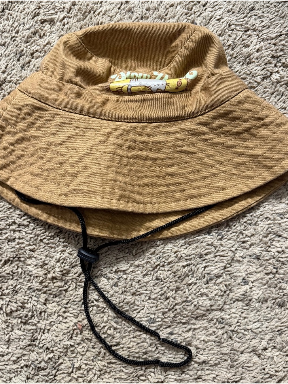 Pusheen Tan Bucket Hat with Yellow Pusheen Accent and Black Chin Cord